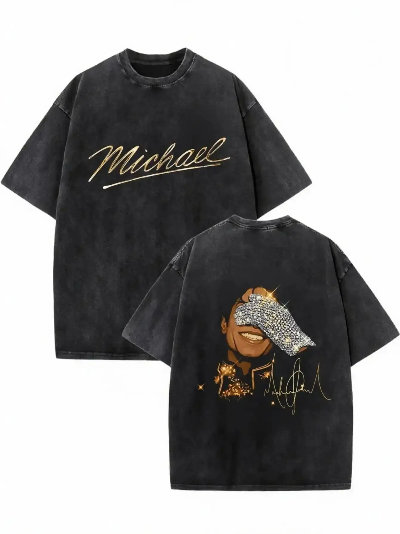 100 Percent Cotton Oversized Black T Shirt Michael Jackson Signature And Cartoon Portrait Design Summer Streetwear Fashionable Street Retro Style #     Michael Jackson #     Jaafar Jackson #     biopic #     music legend