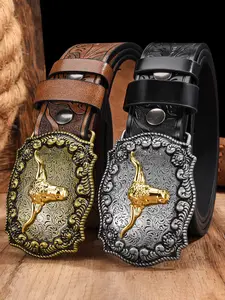 Men's Vintage Western Cowboy Belt, Western Concho Belts, Genuine Leather Bull Head Buckle, Retro Embossed Design, Unique Style Waistband for All Seasons
