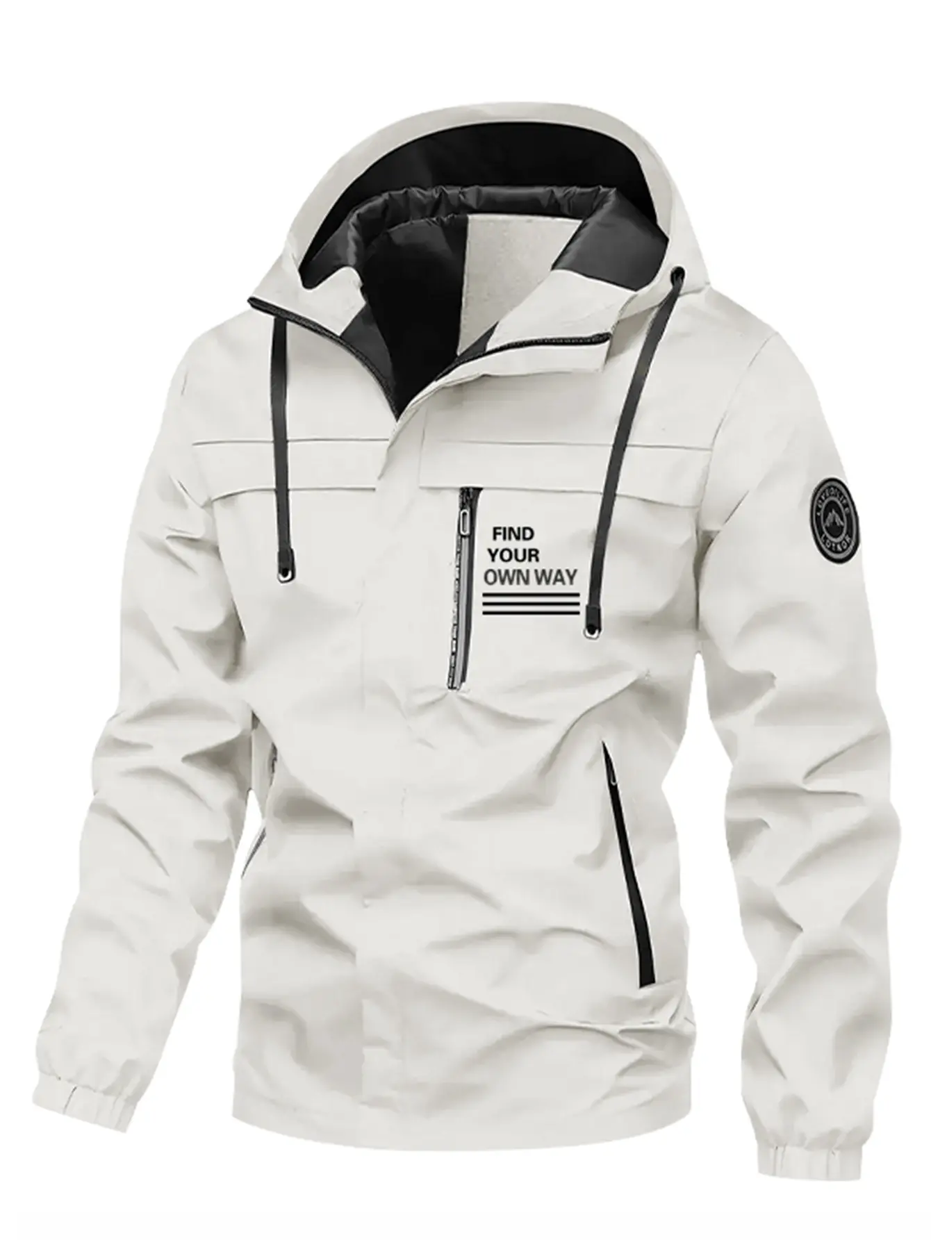 Men’s Outdoor Windproof Hooded Softshell Jacket, Letter Print, Multi-Pocket Workwear Casual Versatile Outerwear