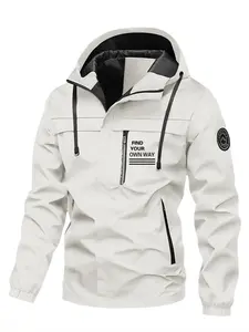 Men’s Outdoor Windproof Hooded Softshell Jacket, Letter Print, Multi-Pocket Workwear Casual Versatile Outerwear
