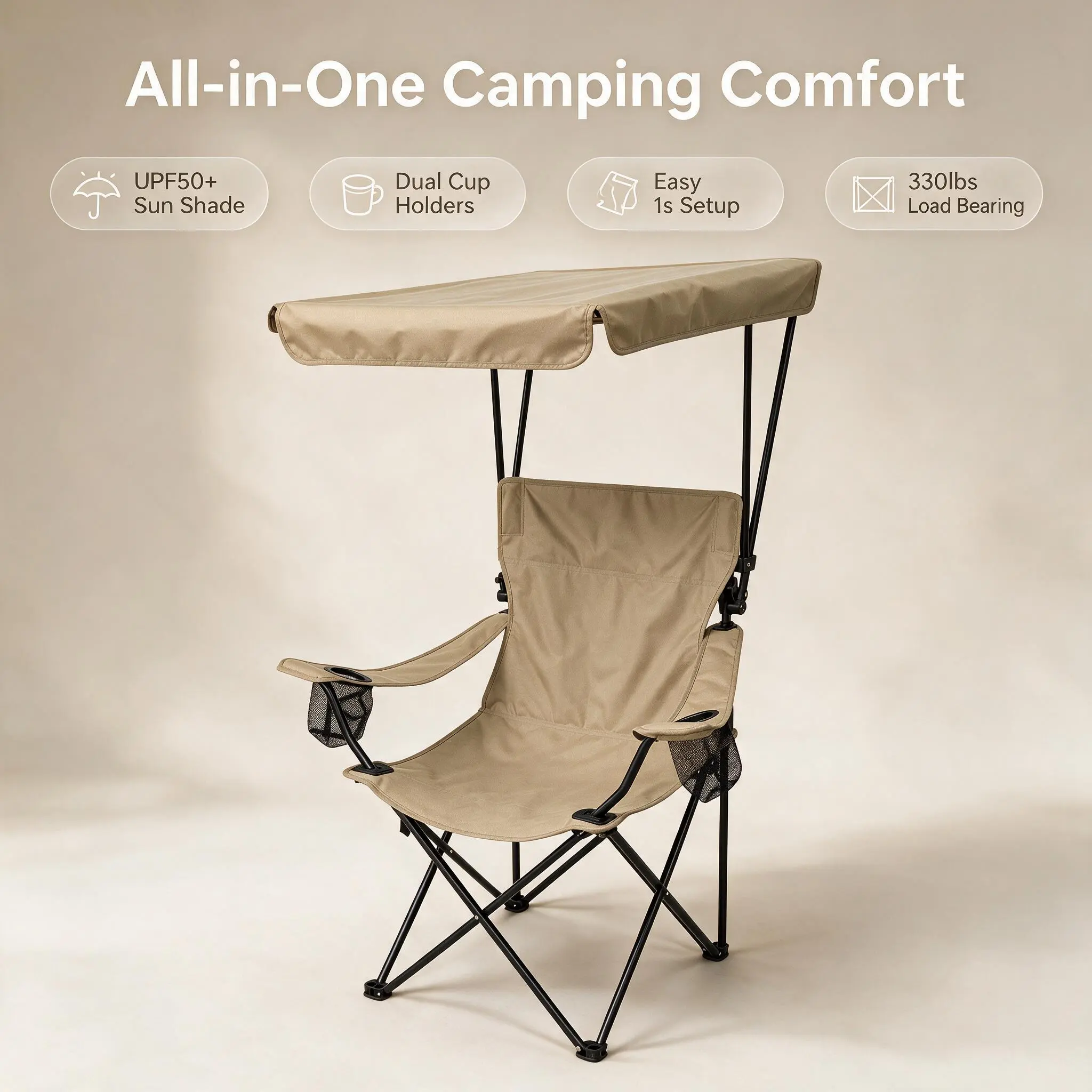 DXZ Camping Chair with Canopy, High Back Folding Beach Chair with Canopy Shade, Cup Holder, Side Pocket, 330lbs Heavy Duty Canopy Chair for Outdoors