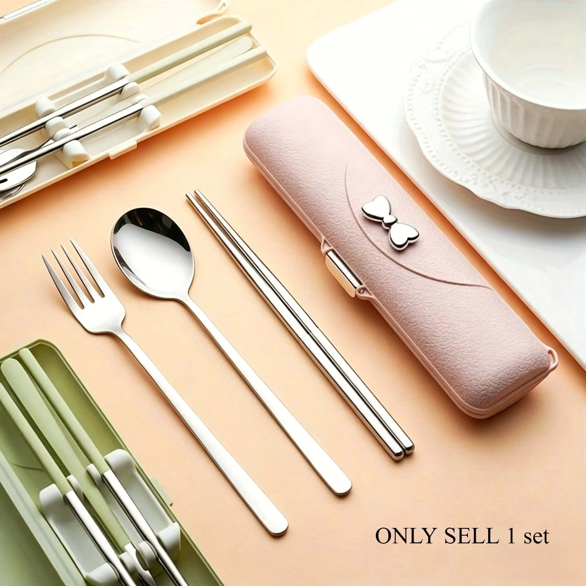 3Pcs Butterfly Bow Portable Cutlery Set - Stainless Steel Cutlery with Plastic Handle Includes Spoon, Fork, Chopsticks and Storage Box - Beautiful Travel Cutlery Set Modern Tableware Sets Utensils