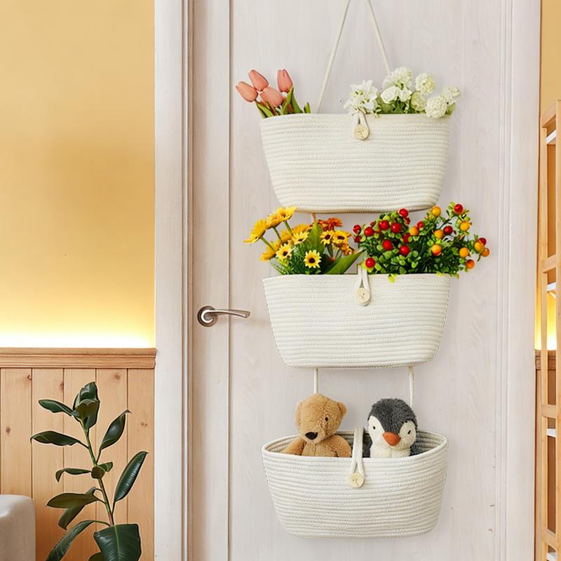 Over the Door Hanging Baskets with Wooden Button, 3-Tier Woven Cotton Storage Organizer Bag, Wall-Mounted with Hook Decorative Hanging Nursery Baskets, Jute