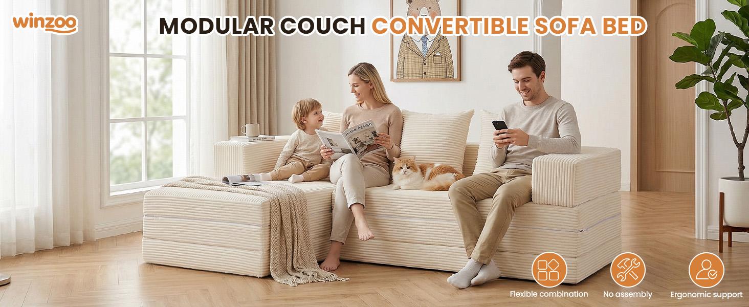 Winzoo DIY Folding Boneless Couch,Oversized Convertible Modular Sectional Sofa Bed,Modern  Cloud Couch,Sleeper Sofa,Futon for Small Spaces Apartment