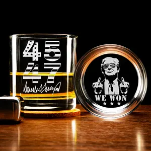 Engraved Trump 45 47 2024 Whiskey Glass, MAGA 11oz Rock Glass Gifts for Men Drinkware