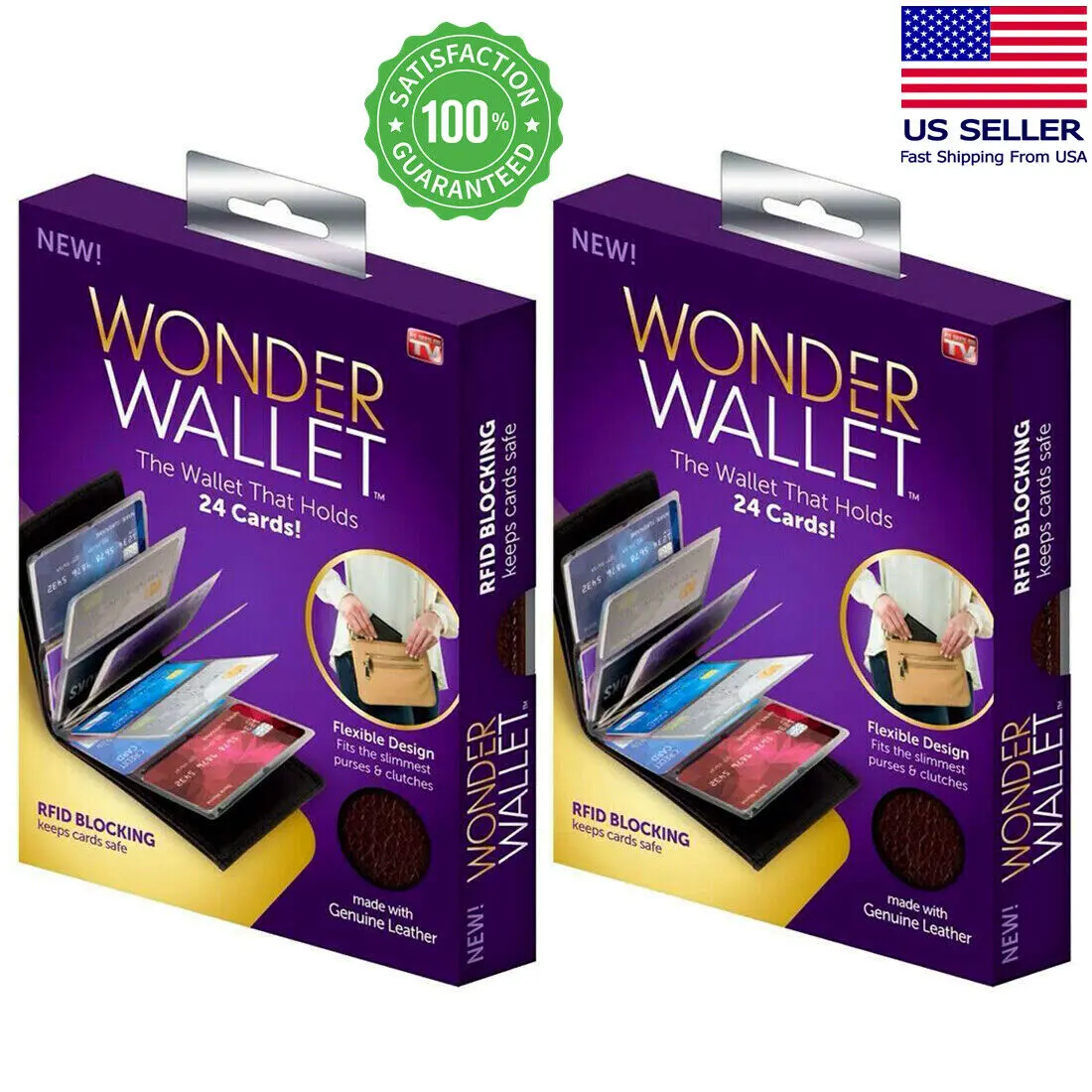 2pcs Original Wonder Wallet Amazing Slim RFID Wallet As Seen on TV Black Leather