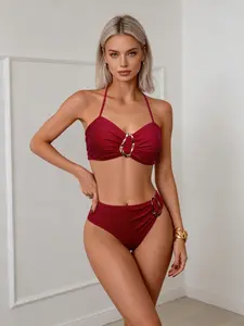 Women's Red Halter Bikini with Gold Buckle, High-Waisted Sexy Two-Piece Swimsuit
