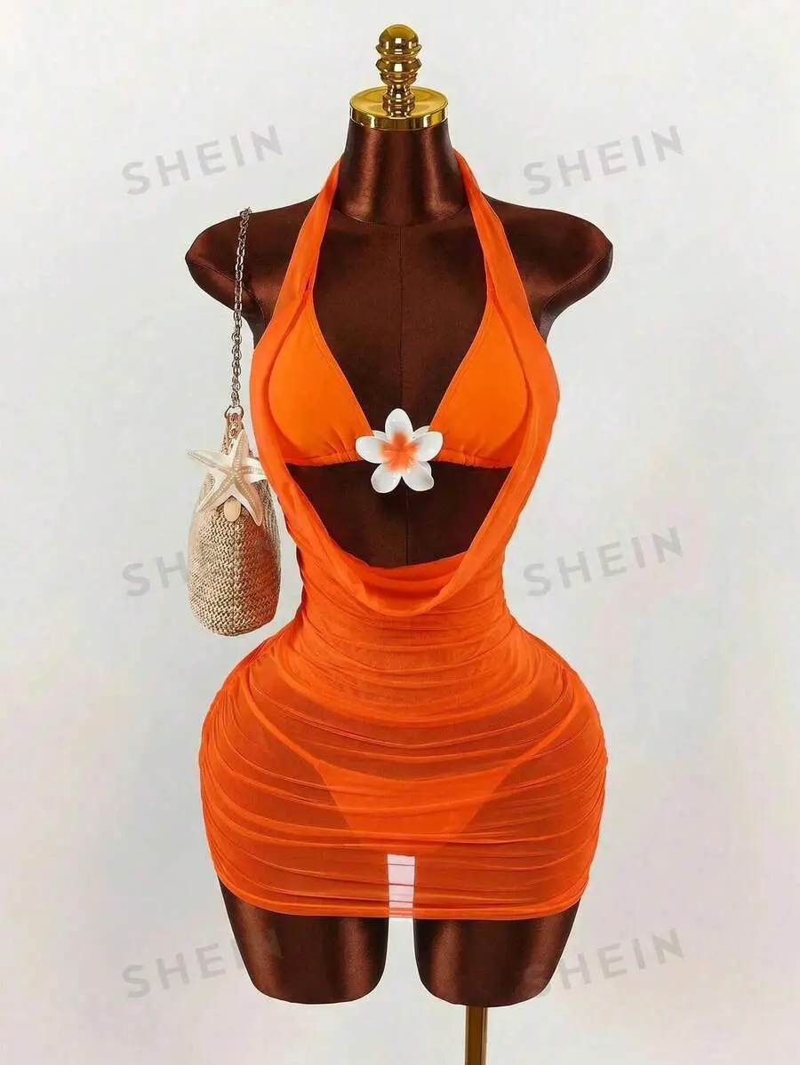 Women's 3-Piece Bikini Set with Draped Neck Ruffled Cover-Up, Front Flower Detail, Orange Beach Party Outfit for Tropical Vacations