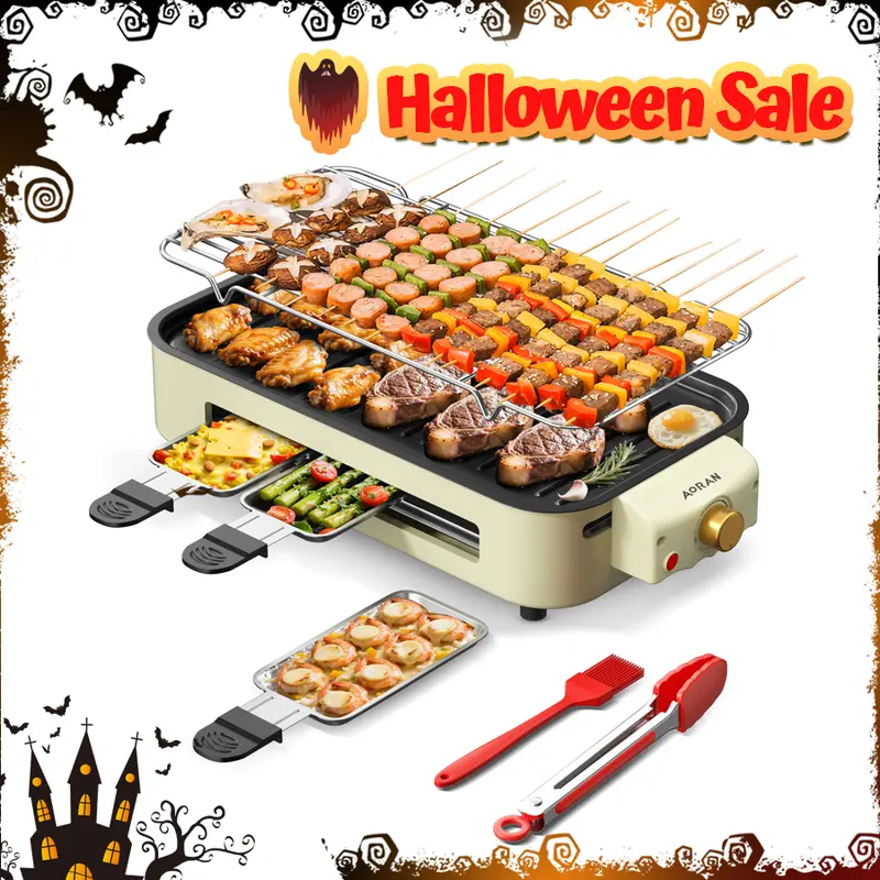 Halloween Festival Warm-up AORAN 1800W Indoor Electric Smokeless BBQ Grill with Non-Stick Coating, Perfect for Home Korean BBQ and Multi-Function Cooking Stainless Steel Grilling Universal Griddle