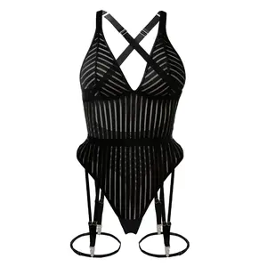 Parthenope Women's Adjustable One-Piece Black Striped Lingerie with Garter Straps, Backless Style, Basic Nightgown Sleepwear for Comfort and Support