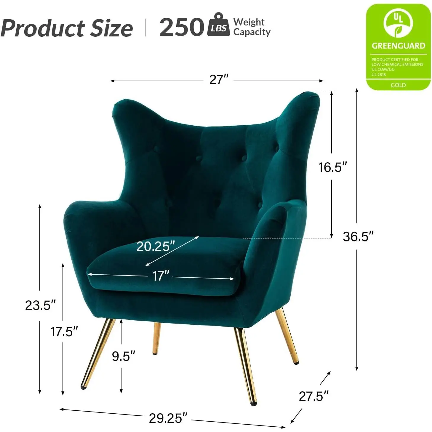 HULALA HOME Velvet Accent Chair Set of 2, Modern Wingback Arm Chair with Metal Gold Legs, Velvet Tufted Upholstered Single Sofa Chair for Living Room Bedroom, Club Guest Chair (Teal)