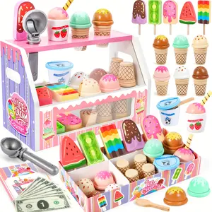 Ice Cream Toy, Wooden Ice Cream Toys For Kids, Pretend Play Kitchen Food Toys, Ice Cream Counter Shop Playset For Kids, Kids Ice Cream Cart, Gifts For 3 4 5 6 7 8 Year Old Girls Boys