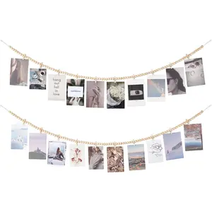 Hanging Photo Display with Clips, Boho Wooden Bead Garland Banner, Collage Card Picture  Art Holder String with 10 Clips for Christmas Bedroom Dorm Decor, Teen Girl Gifts, Brown, 2 Pack