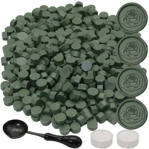 300 count Wax Seal Beads Set with Non-Slip Melt Spoon and Candles, Olive Green Sealing Wax Pellets Bead  for Seals , Wedding Invitations, Xmas , Envelope Seal (Olive Green)