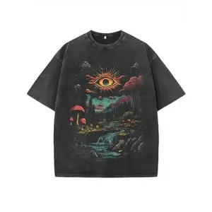Women's Unisex Vintage Patterned Cotton T-Shirt - Soft, Breathable, Loose Oversized Top with Surreal Fantasy Eye Designs (Swamp Eyeballs, Pine Tree Eyes), Dark Black Streetwear for Everyday Casual Wear, Themed Parties, Bohemian Style,summervibes