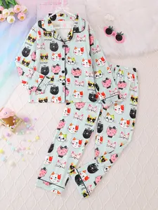 Pajama Set, Nightwear, Loungewear, Long Sleeve Top & Stretchable Elastic Waist Pants, Fire-Resistant Knit Fabric, Casual Cartoon Cat Print, All Seasons Wear
