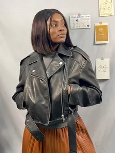 Women's Faux Leather Jacket, Short Moto Biker Coat, Autumn Winter Biker Jacket, Loose Spring Fall Outwear, Cropped Jacket, Lapel Zipper Biker Short Coat with Belt - 4 Colors *LooKo