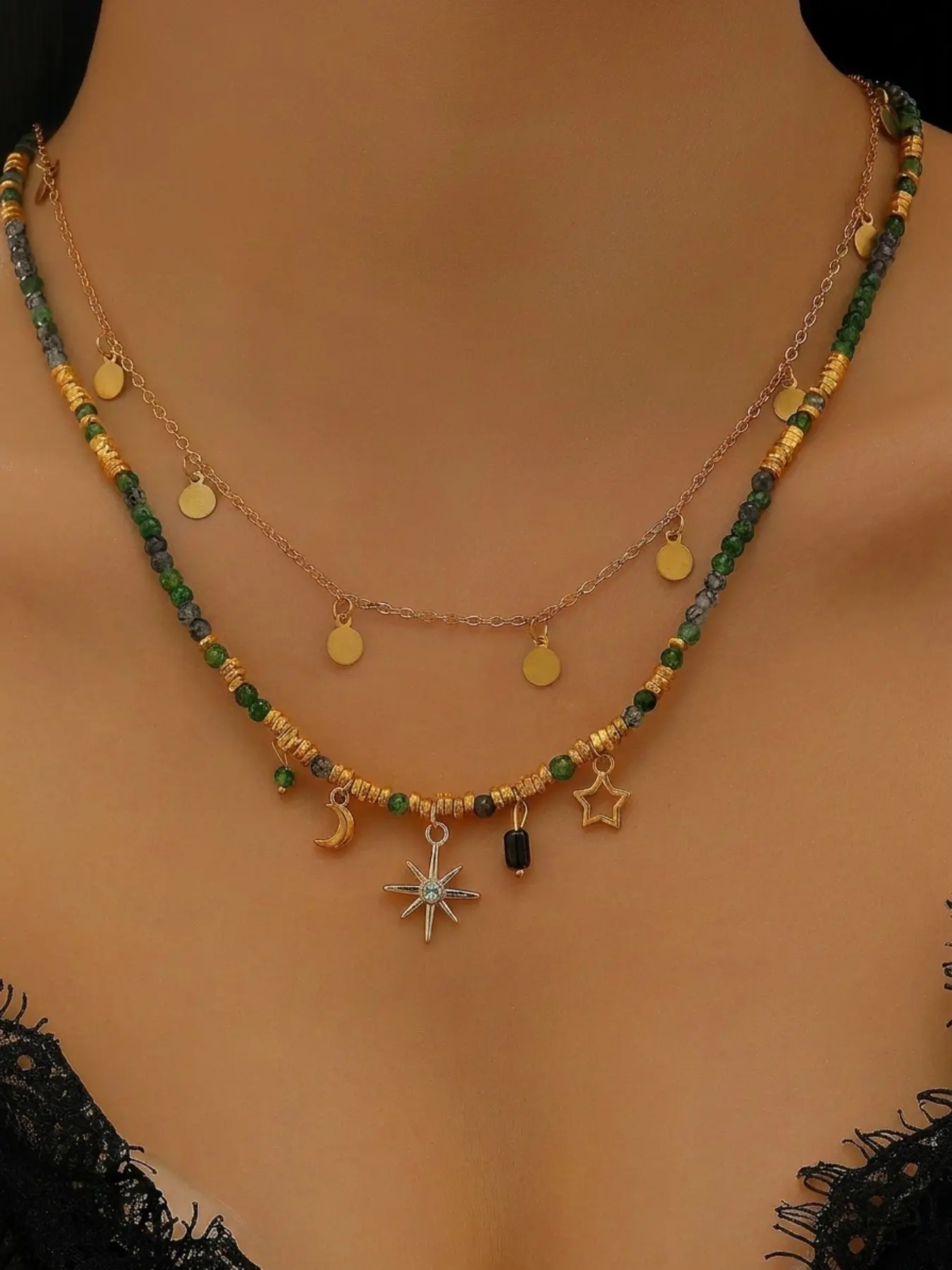2 Pcs Bohemian Star Moon Pendant Necklace Set, Stone Beaded Layered Necklaces, Party Jewelry, All Seasons Fashion Accessory
