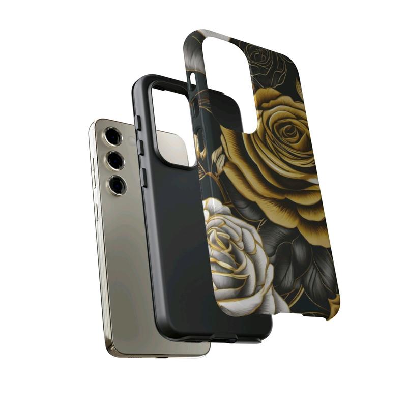 Elegant Black and Gold Roses Phone Case - Stylish Protection for Samsung Galaxy, iPhone, Google Pixel phones, iPhone Case, Samsung Galaxy Case, Google Pixel Case, Cellphone Accessories, Protective Wireless Cover Protector Shell Golden Shockproof
