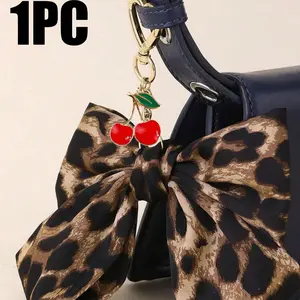 Fashion Leopard Print Bow Heart Keychain with Cherry Pendant, Bag Charm Accessory for Handbags & Pants, Stylish Playful Charm