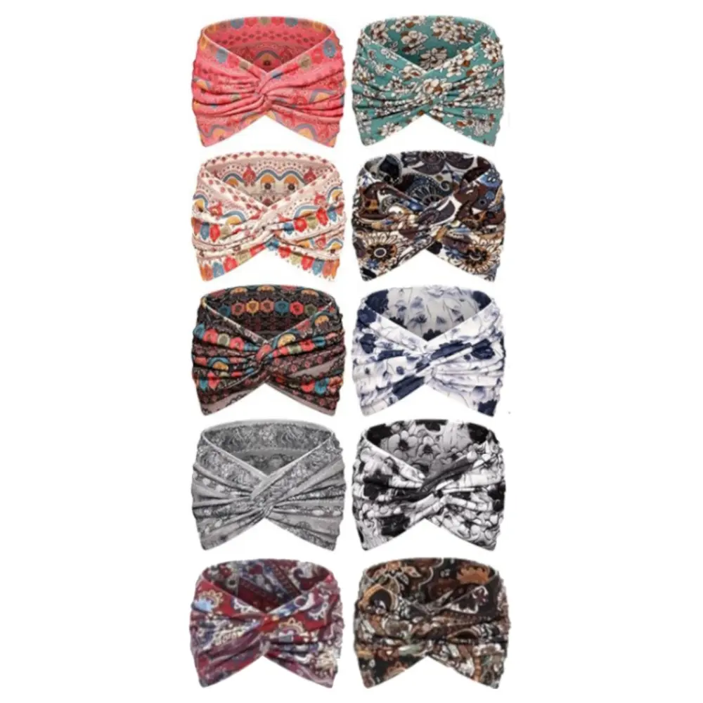 Women's 10-Pack Bohemian Elastic Polyester Sports Headbands - Criss-Cross Knotted, Extra Wide, Non-Slip, All-Season Yoga/Running Hair Accessories