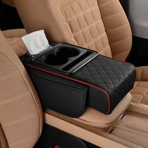 5-in-1 Car Armrest Cushion with Memory Foam, PU Leather, Waterproof, 14"x8.3" Arm Rest Protector with Cup Holders & Tissue Bag, Universal Fit for Cars