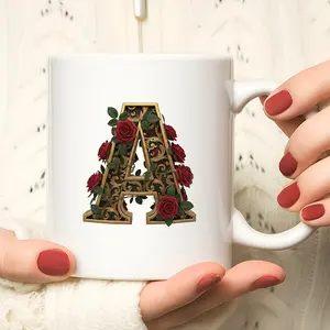 11oz Reusable Ceramic Coffee Mug Classic with Floral Rose Monogram, Personalized Initial Gift, Durable Hot & Cold Drink Cup, Easy to Clean, Microwave Safe, Stylish Coffee Mugs