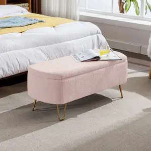 Modern Storage Ottoman Bench, Vintage Boucle Upholstered Entryway Bench, End of Bed Bench with Gold Legs, Padded Bench with Storage for Living Room, Bedroom, Entryway (Pink)