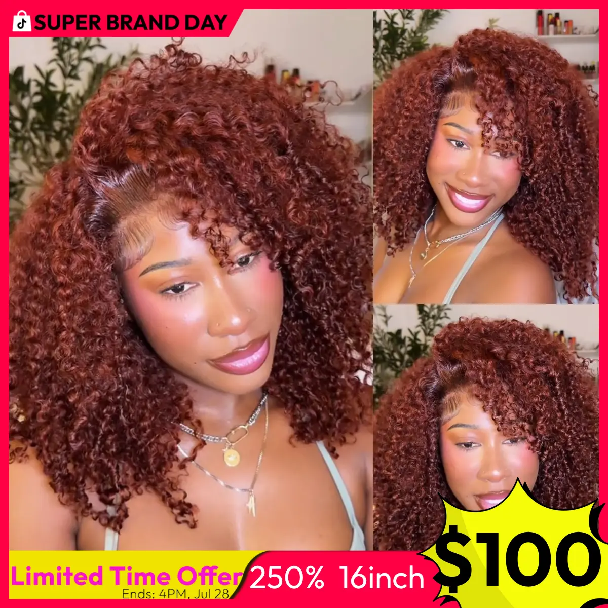 UNice 250% Density Reddish Brown Fluffy Afro Kinky Curly with Layered Finger Coil Ends Glueless 7x5 HD Lace Closure Human Hair Wigs No Slip Beginner-Friendly Natural Looking Summer Wig Super Brand Day