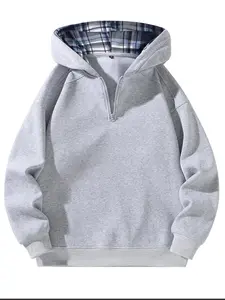 Men's Regular Fit Plain/Plaid Print Half Zip Hoodie, Casual Comfy Thermal Lined Hooded Sweatshirt for Daily Wear, Men's Clothes for All Seasons, Tops, Casual Sports Hoodie, Casual Sporty Hoodies