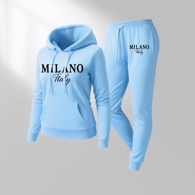 Women's MILANO Print Hoodie And Drawstring Track Pants Set, Casual Sportswear, Long-Sleeved Hooded Jacket And Pants, Suitable For Autumn And Winter, Everyday Wear, Indoor And Outdoor Sportswear, Casual Sportswear.