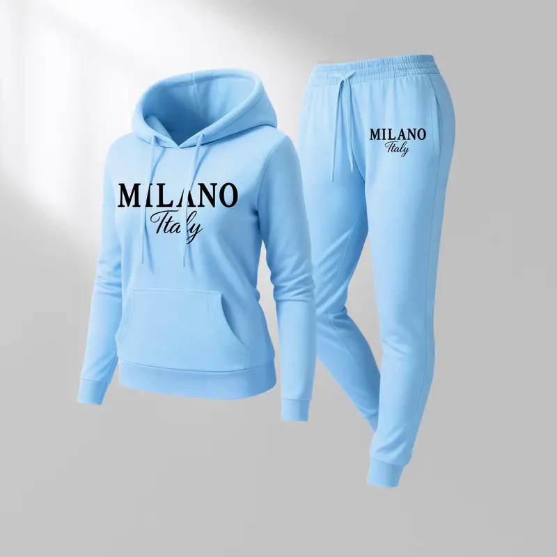 Women's MILANO Print Hoodie And Drawstring Track Pants Set, Casual Sportswear, Long-Sleeved Hooded Jacket And Pants, Suitable For Autumn And Winter, Everyday Wear, Indoor And Outdoor Sportswear, Casual Sportswear.