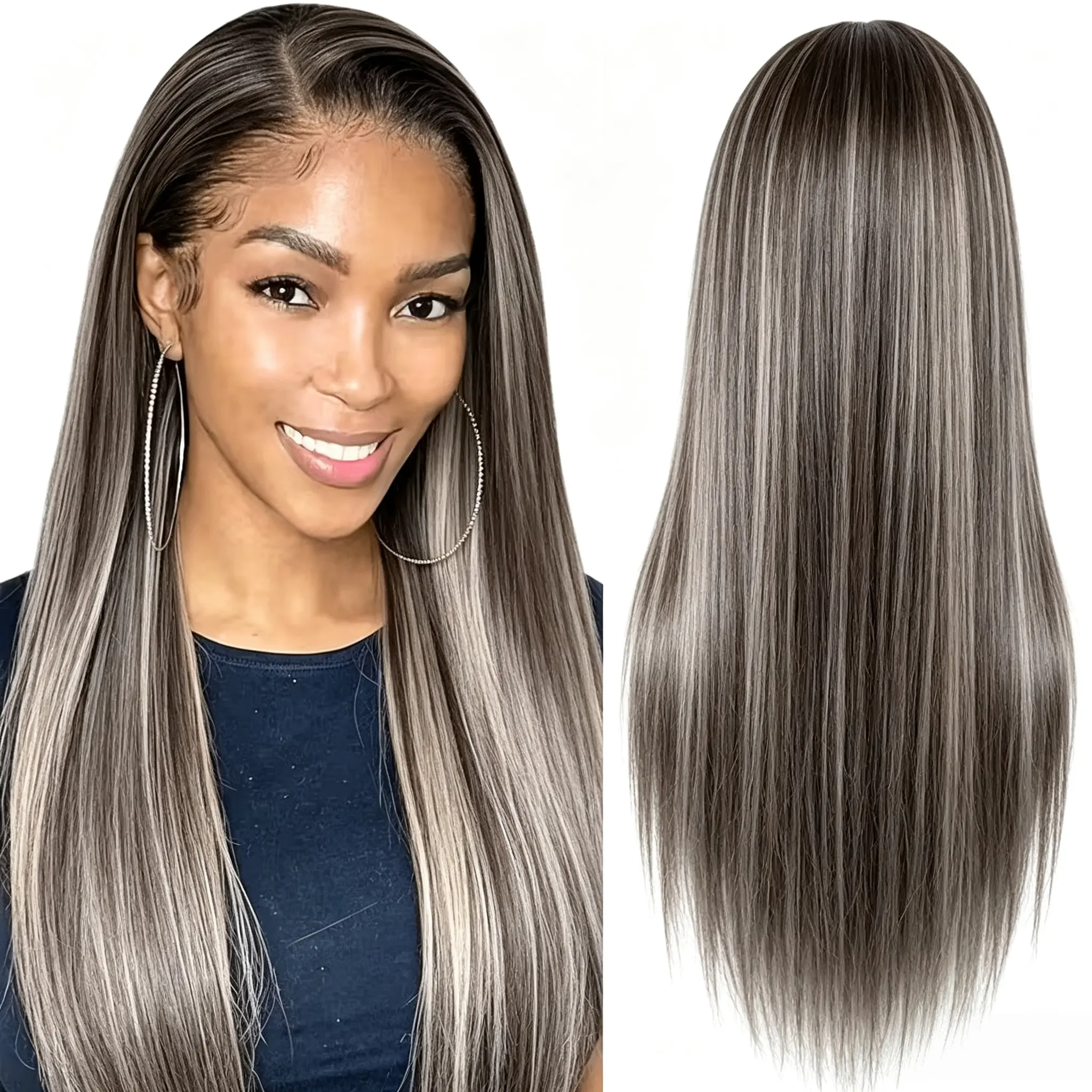 26 Inch Ombre Grey Glueless Synthetic Lace Front Wig For Women Heat Resistant Fairy Hair Full Cap Lace Front Wig Natural Hairline High Density Straight Hair Wig