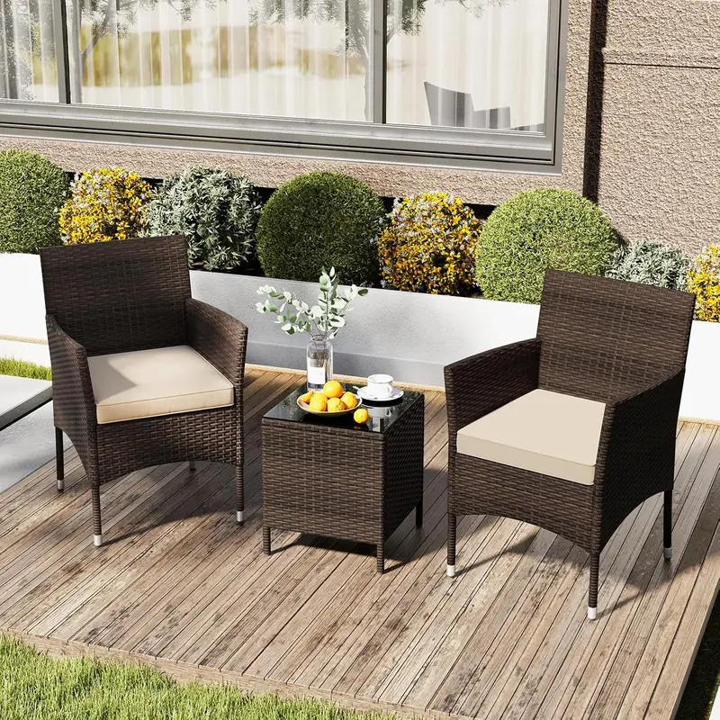 [Costway] 3/4 Pieces Patio Rattan Chair Wicker, Outdoor Conversation Set with Cushioned and Tempered Glass Table, Patio Furniture Set for Lawn, Pool or Backyard-COSTST