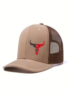 Breathable Adjustable Bull Head Print Baseball Cap, Lightweight Polyester Sun Hat, Design, Mesh Back Panel, Snap Closure, Quality Caps