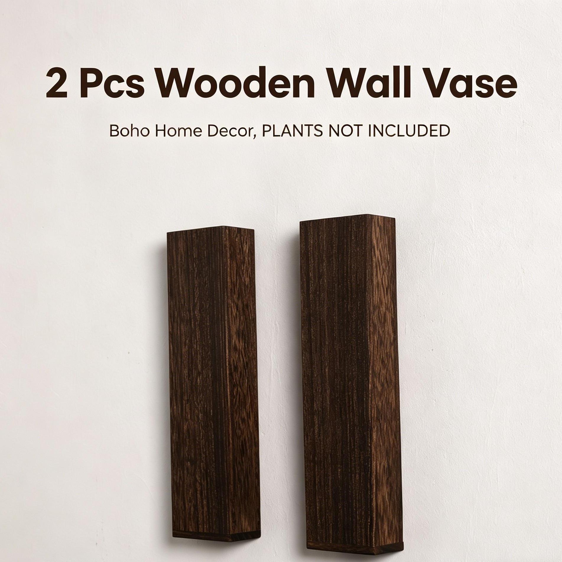 2 Pcs Wooden Wall Vase, Boho Wall Decor Planter for Dried Flowers, PLANTS NOT INCLUDED
