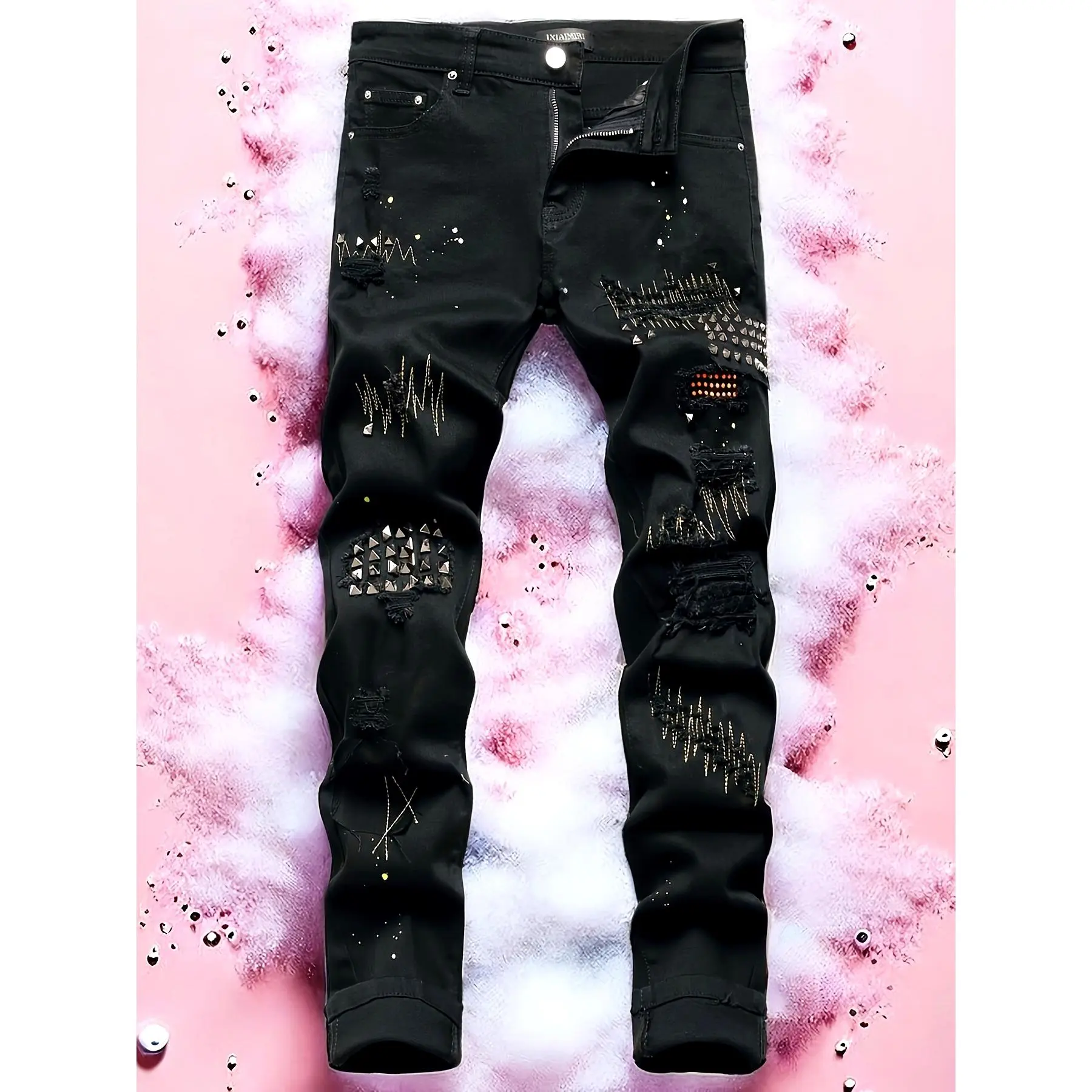Men's Ripped Jeans Casual Print Slim Stretch Embroidered Jeans Skinny Denim Black Foot Wash Jeans