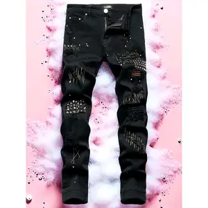 Men's Ripped Jeans Casual Print Slim Stretch Embroidered Jeans Skinny Denim Black Foot Wash Jeans