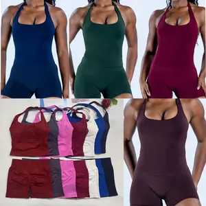 two pieces DF Yoga outfits Sports Impact Women's Backless Halter Tops & Seamless Scrunch Bum Shorts Set for Gym Workout running sports Fitness Suits