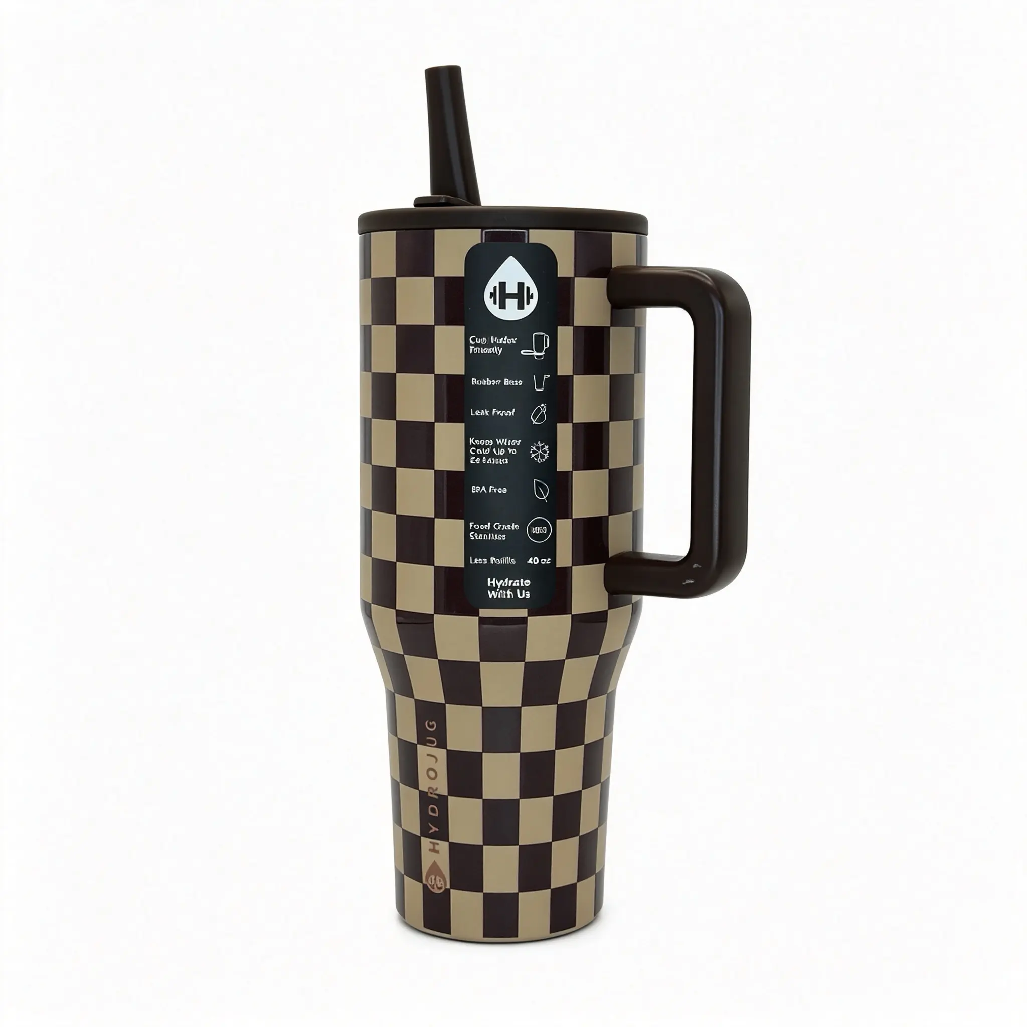 HydroJug 40 oz Stainless Steel Checkerboard-Gingham Vacuum Flask, Food Grade Thermos with Ergonomic Handle, Leak-Proof Flip-Top Straw Lid, Non-Slip Rubber Base for Road Trips, Camping, 40 Oz Tumbler, Anti-Scalding