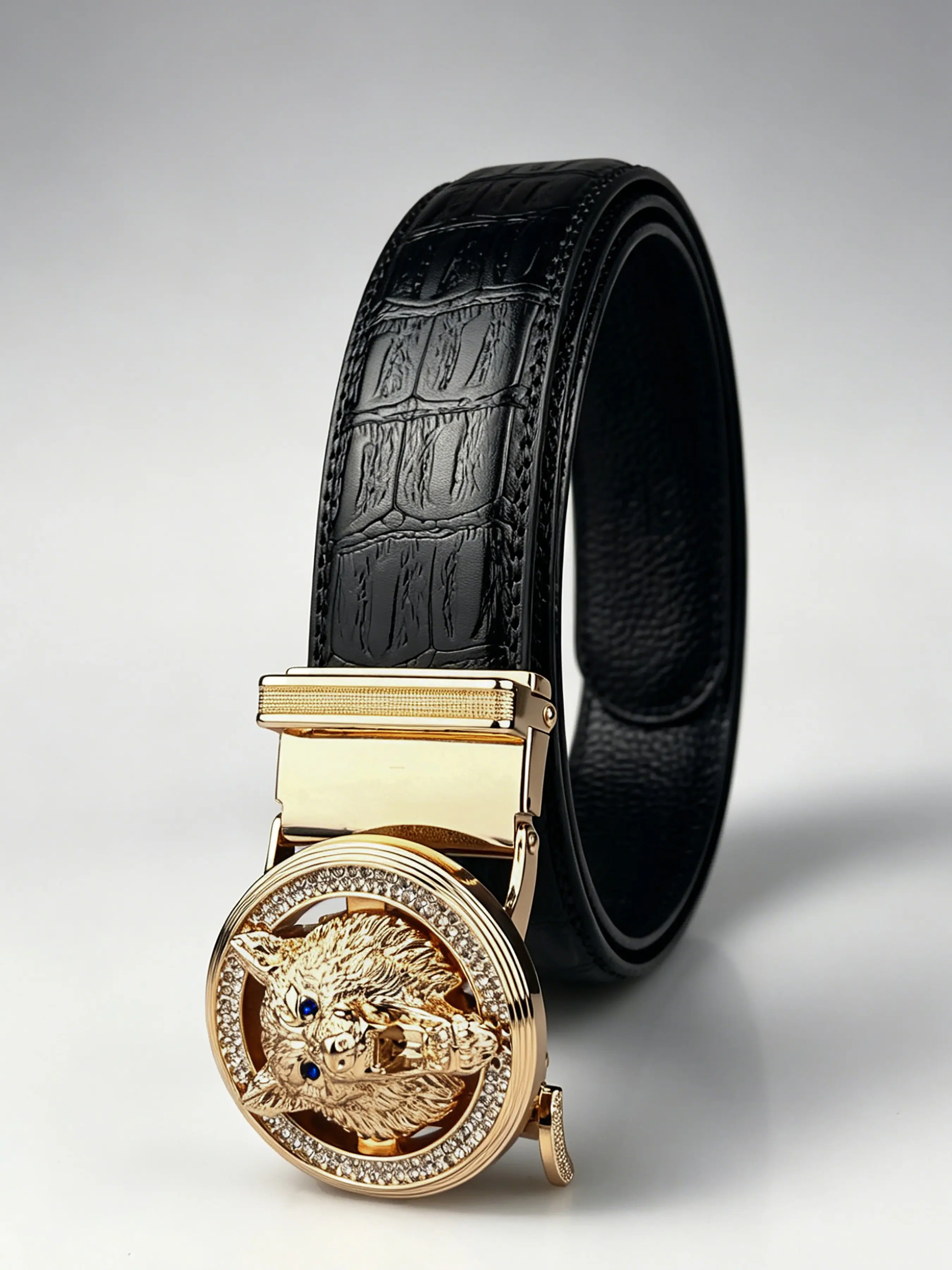 Fashion "wolf head" shaped alloy automatic buckle belt, rhinestone decorated belt, 3.5cm/1.38in wide embossed belt, black, coffee color optional, perfect gift for Valentine's Day and Christmas.