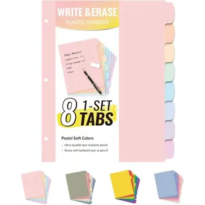 8-Tab Long-Lasting Plastic Write & Erase Big Tab Dividers for 3 Ring Binder, Aesthetic Cute Pastel Dividers for Students, Teachers, Office, Home Organizers, 1 Set, Pastel Color