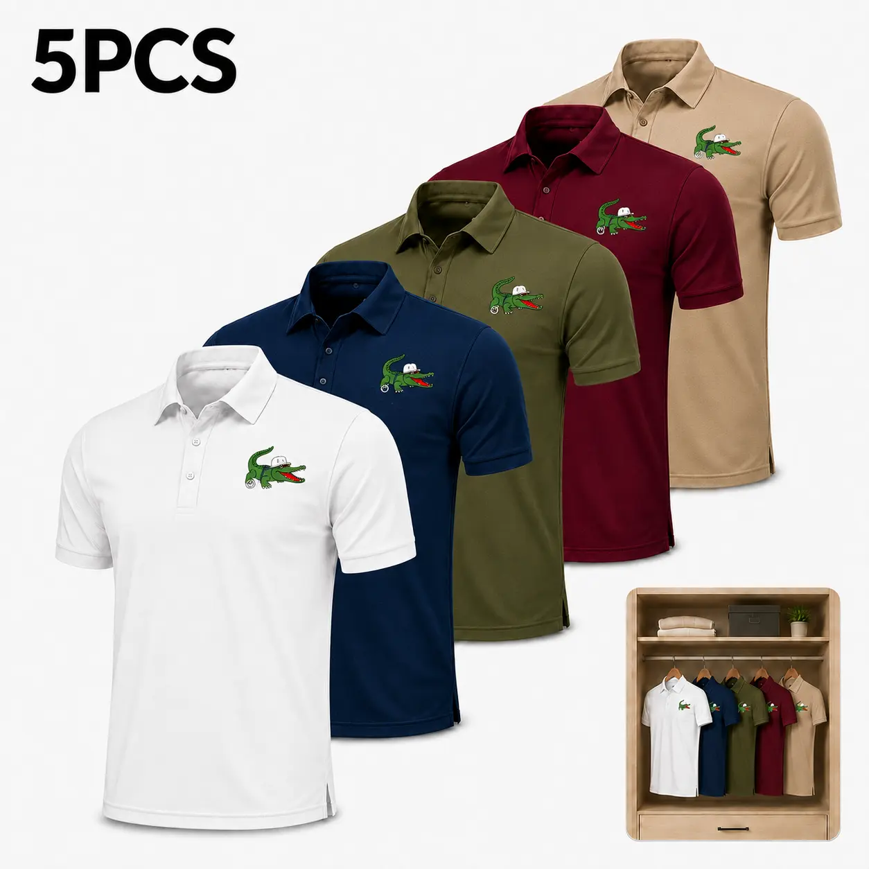Men's 5-Piece Plain Menswear Polo Shirt Set - 180g Breathable Simple Fabric, Shortsleeve, Turn-Down Collar Casual Tops for Business Travel, Golf, Summer Business Style, Father's Day Gifts