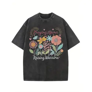 Trendy Oversized Washed Cotton T shirt Featuring Pray Mom Raise A Warrior Design Bohemian Floral Pattern Casual Round Neck Style Unisex Short Sleeve Top Breathable Summer Plus Size