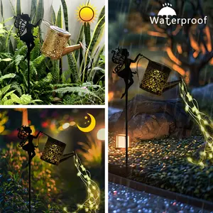 Solar Powered Outdoor Garden Decorative Light Set, Metal Angel Wing Watering Bucket Lamp, LED String Lights for Pathway Lawn Patio, Outdoor Waterproof Lights