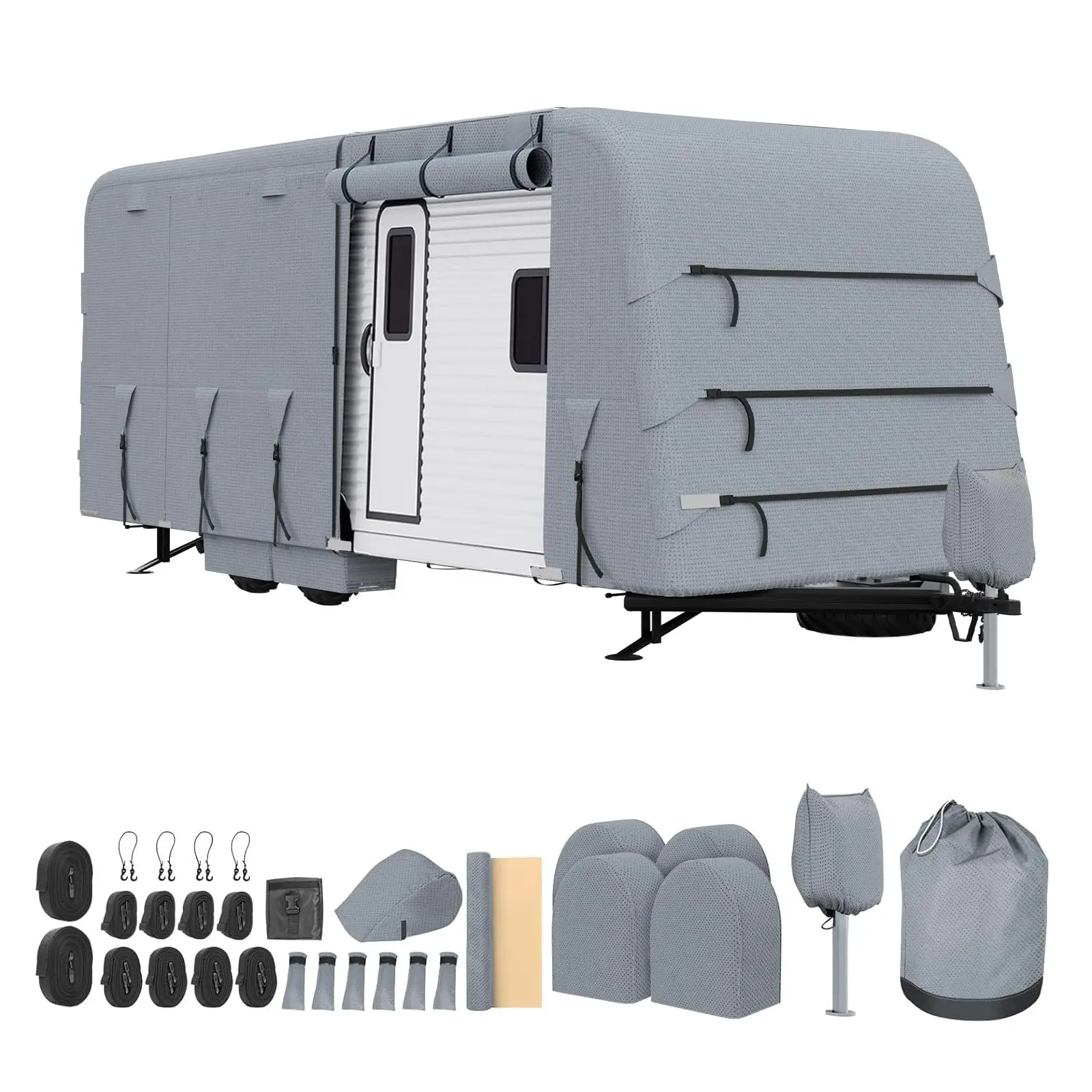 GARVEE 4-Layer All Weather RV Cover Set for 18'-35' Motorhomes & Travel Trailers, Anti-UV, Windproof, Waterproofing, Rip-Stop Protection, Adjustable Straps, Adhesive Repair Patches, Tire Covers (Gray, 20ft Compatible)