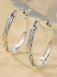 1 Pair of Silvery Hoop Earrings with Classic and Simple Pattern Carvings, Women's Ethnic Tribal Earrings, Creative Earrings，Suitable for Wearing At Festival Parties
