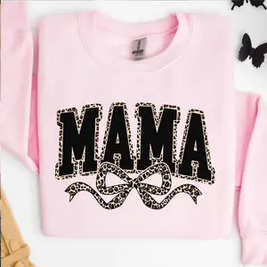 Mama Leopard Coquette Bow Sweatshirt, Varsity Graphic Crewneck for Moms, Retro Mama Pullover, Trendy Mother’s Day Gift, Unisex Mom Top, Apparel Made In The USA		