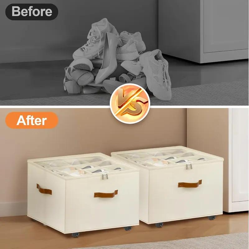 Shoe Organizer for Closet – Fits Up to 8–16 Pairs, Fabric Shoe Storage Bins with Clear Cover, Adjustable Dividers, Foldable Space-Saving Box Compartment Racks Shelf (Beige), Perfect for Back to School & Mother’s Day Gift