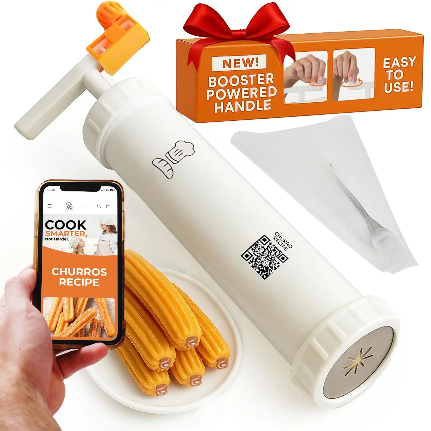 Churro Maker Kit With Booster-powered Handle. Churrera And Piping Bag Churros Filler. Easy Qr-recipe To Prepare Fill Your Own At Home -  Cookie Press Press.
